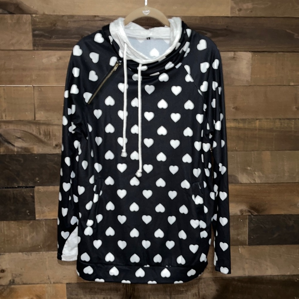 Black and White Heart Double Hood Lightweight Sweatshirt
